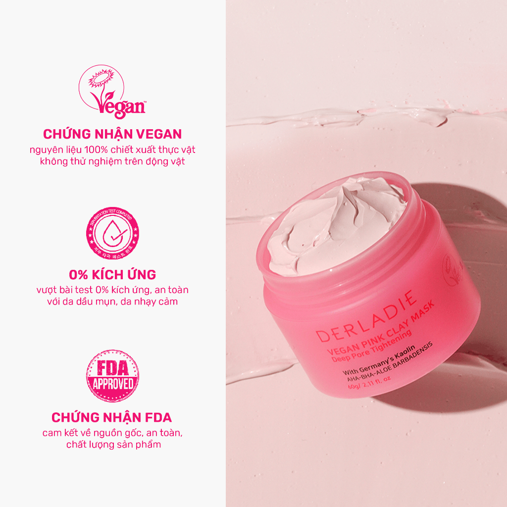 Mặt Nạ Đất Sét Hút Dầu Kiểm Soát Nhờn 12H Derladie Vegan Pink Clay Mask  Deep Pore Tightening 60g